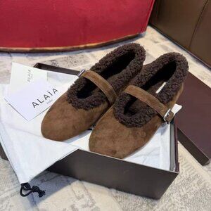 ❄️ ALAÏA Shearling-Lined Suede Mary Jane Flats (Dark Brown) ❄️